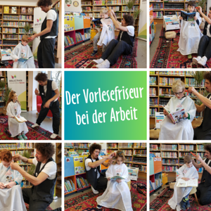 Vorlesefriseur Danny Beuerbach in der Bibliothek Mauthausen